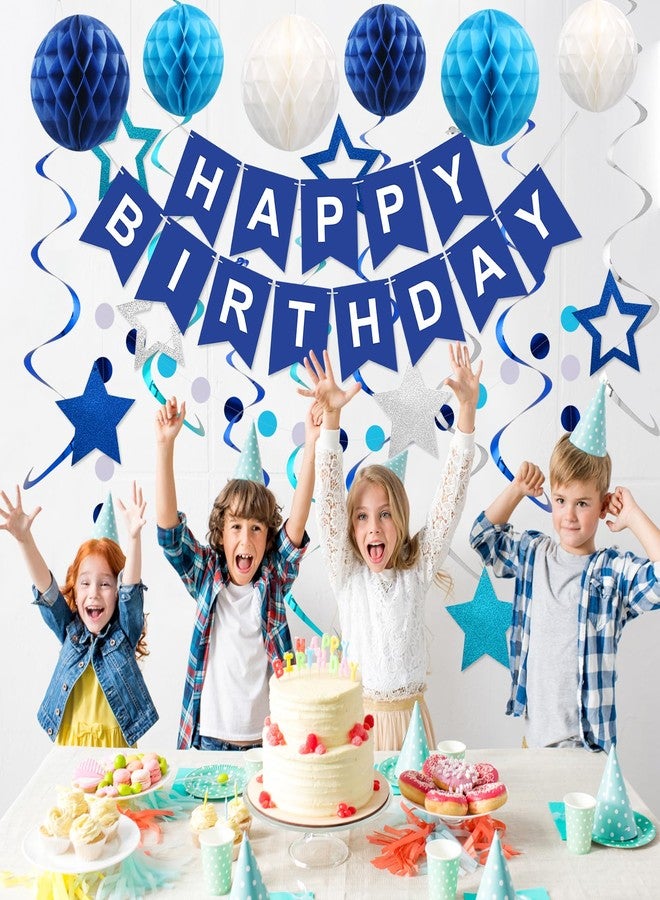زينة عيد ميلاد رائعة، لافتة عيد ميلاد سعيد مع كرات على شكل خلية نحل، ونجوم معلقة، وشرائط حلزونية، وإكليل من النقاط الدائرية، زينة حفلات عيد ميلاد سعيد للنساء والرجال والأولاد والبنات (أزرق) - Image 3